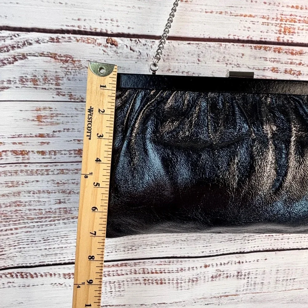 Vintage Talbots Black‎ Leather Gathered Frame Clutch Bag Silver Chain Strap